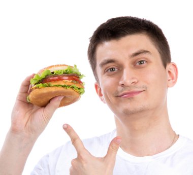 lezzetli lokanta sağlıksız burger sandviç ile mutlu bir adam