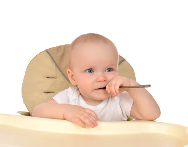 Infant child baby girl eating spoon — Stock Photo, Image