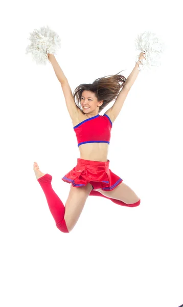 Roztleskávačka tanečnice z cheerleadingu týmu skákání — Stock fotografie