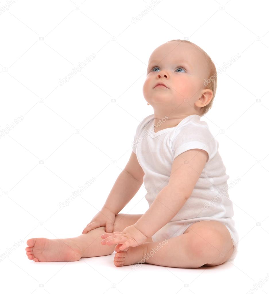Infant child baby toddler sitting crawling looking up happy smil