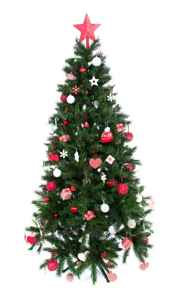 Geschmückter Weihnachtsbaum mit Patchwork-Ornament roter Stern — Stockfoto