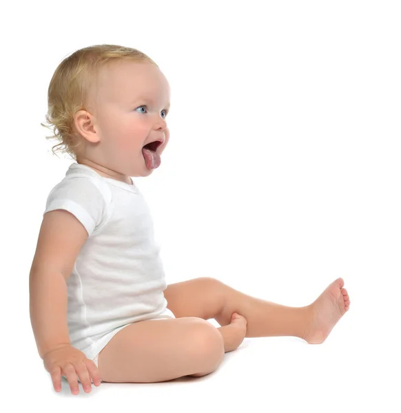 Infant child baby toddler sitting yelling showing mouth tongue — Stock Photo, Image