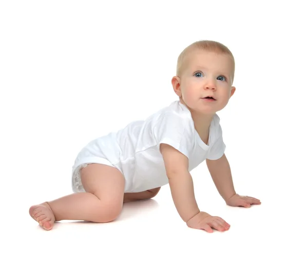 Baby kind baby peuter zitten of kruipen gelukkig lachend blik — Stockfoto