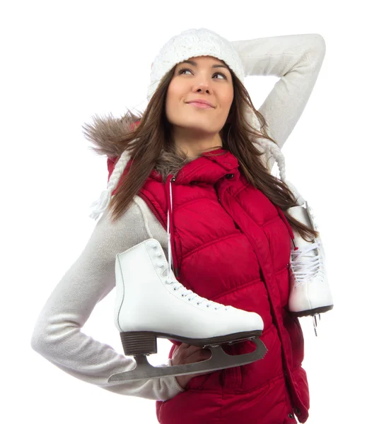 Happy young girl with ice skates getting ready for ice skating — Stock Photo, Image