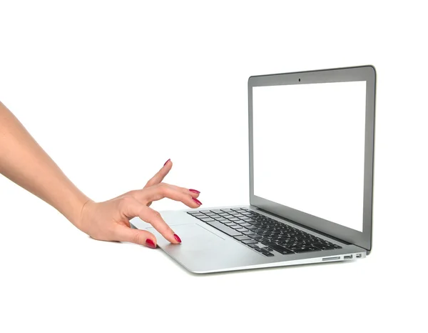 Manos escribiendo en el ordenador portátil teclado con espacio en blanco en blanco — Foto de Stock