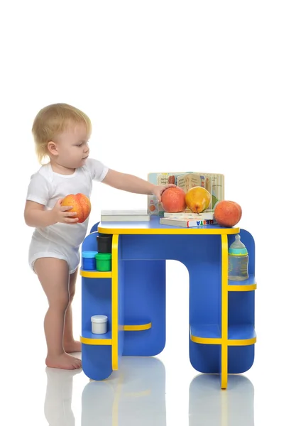 Infant child baby toddler kid happy standing and taking fruits p — Stock Photo, Image