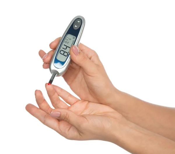 Diabetes patiënt bloedglucose niveau bloedtest meten — Stockfoto