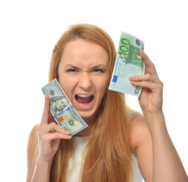 Gelukkig jonge vrouw bedrijf in contant geld honderd euro en dol — Stockfoto