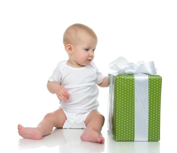 Infant child baby toddler kid with green present gift for birthd — Stock Photo, Image