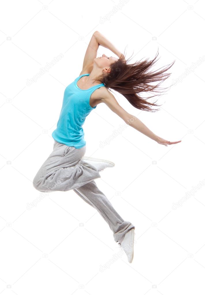Download - New pretty modern slim hip-hop style dancer teenage girl jumping...