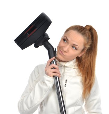 Mutlu kadın temizlik ev zemin vakum clea düşünme