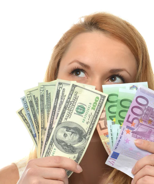 Gelukkig jonge vrouw bedrijf in contant geld dollars en euro 's — Stockfoto