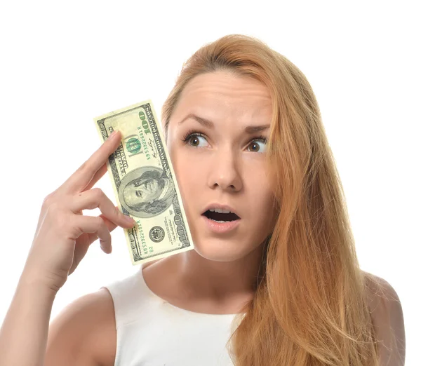 Jonge vrouw contant geld van honderd dollar in de hand te houden — Stockfoto