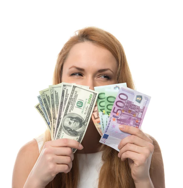 Glad ung kvinna håller upp kontanter jämför euro dollar — Stockfoto