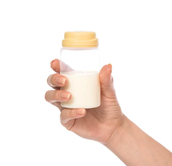 Kind baby voeding fles container met melk in de hand — Stockfoto