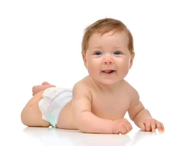 Cuatro meses Niño bebé niña en pañal acostado feliz sonriendo —  Fotos de Stock