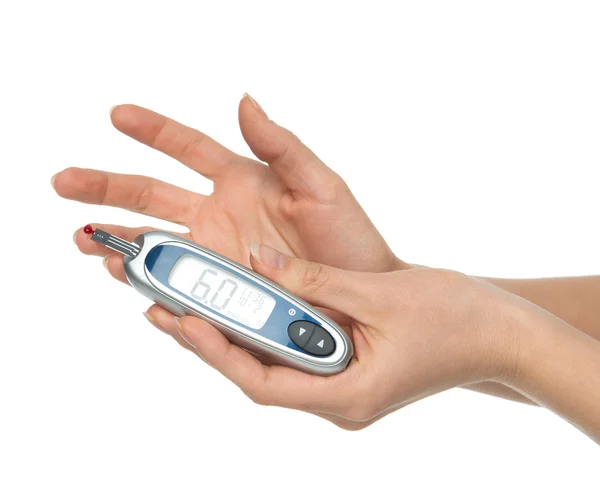 Diabetes patient measuring glucose level blood test — Stock Photo, Image