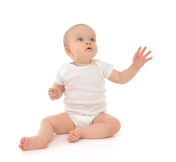 Infant child baby toddler sitting raise hand up pointing fingers — Stock Photo, Image