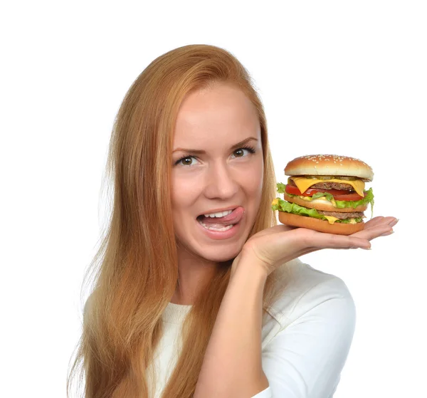 Woman hold tasty unhealthy burger sandwich with cheese salad tom — Stockfoto