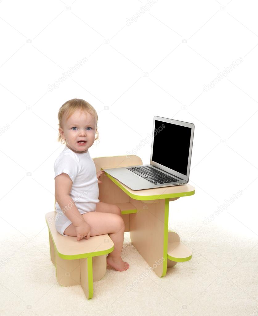 Infant Child Baby Girl Toddler Sitting With Modern Wireless Comp Infant Child Baby Girl Toddler Sitting With Modern Wireless Computer Laptop Keyboard Isolated On A White Background Photo By Dml5050