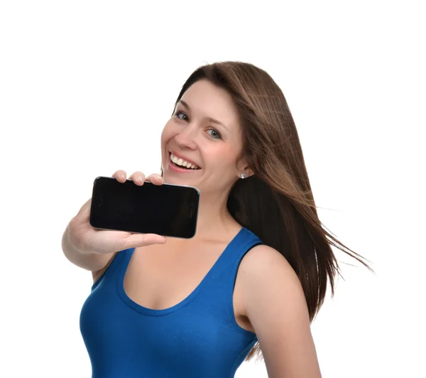Young woman show display of mobile cell phone with blank black s — 图库照片