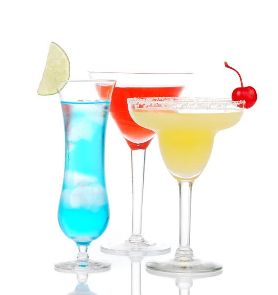 Popular alcoholic cocktails drinks yellow margarita cherry blue — Stock Photo, Image