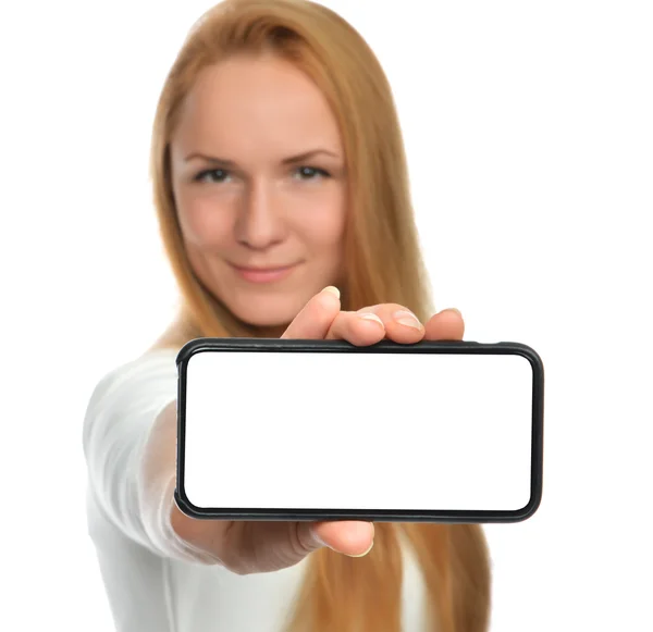 Young woman show display of mobile cell phone with black screen — Stock Photo, Image