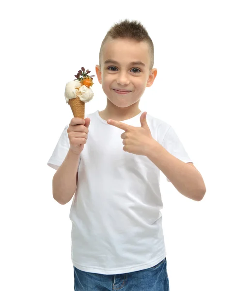 Happy Baby boy holding vanilla ice cream dondurma in waffles con Royalty Free Stock Obrázky