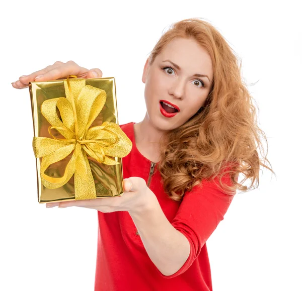 Happy young woman hold Christmas wrapped gift present surprised — Stockfoto