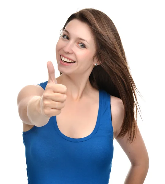 Mujer bonita mostrar el pulgar hacia arriba signo con la mano derecha sonriendo en azul —  Fotos de Stock