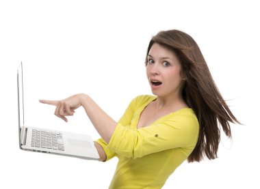 Young woman with new modern popular laptop keyboard with blank s