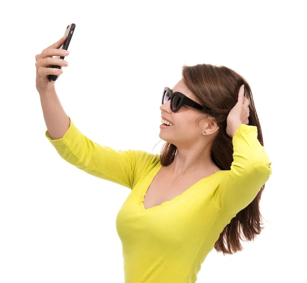 Young pretty girl in sunglasses make self portrait selfie with h — Stock Photo, Image