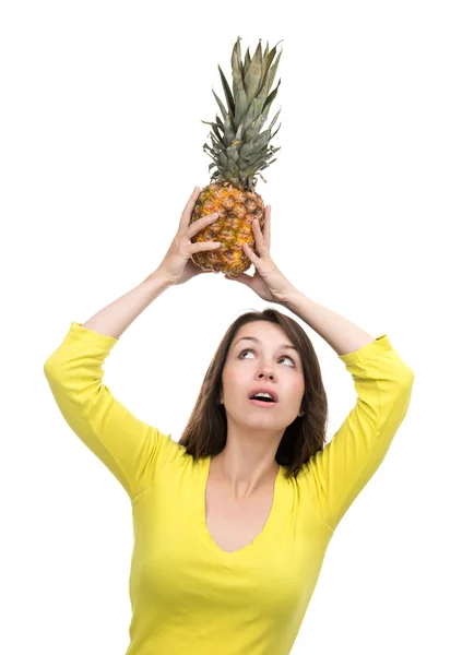 Caucasian woman hold Pineapple fruit smiling healthy and joyful — Stockfoto
