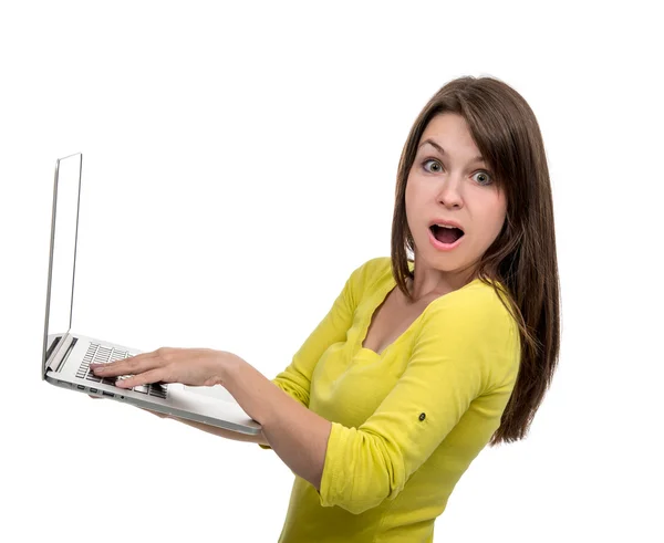 Young woman with new modern popular laptop keyboard with blank s — 图库照片