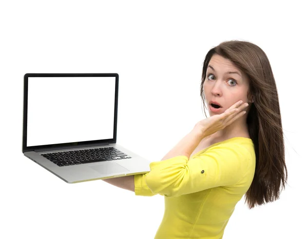 Young woman with new modern popular laptop keyboard with blank s — Zdjęcie stockowe