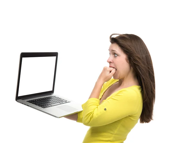 Young woman with new modern popular laptop keyboard with blank s — Stockfoto