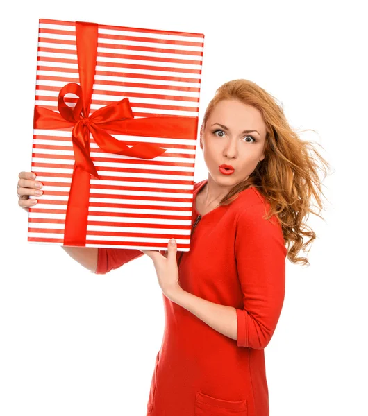 Happy young woman hold red Christmas wrapped gift present smilin — Stock Photo, Image