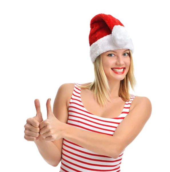 Portrait of joyful pretty woman in red santa claus hat laughing — Stock Photo, Image