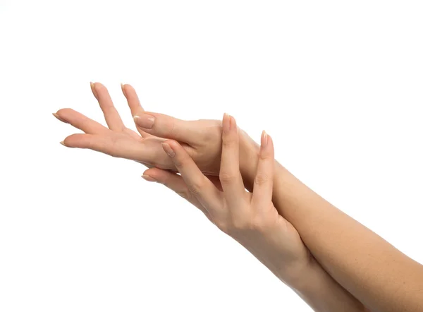 Beautiful woman hands with french manicure nails isolated — Stock Photo, Image