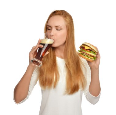 woman with dark beer mug and burger sandwich hamburger