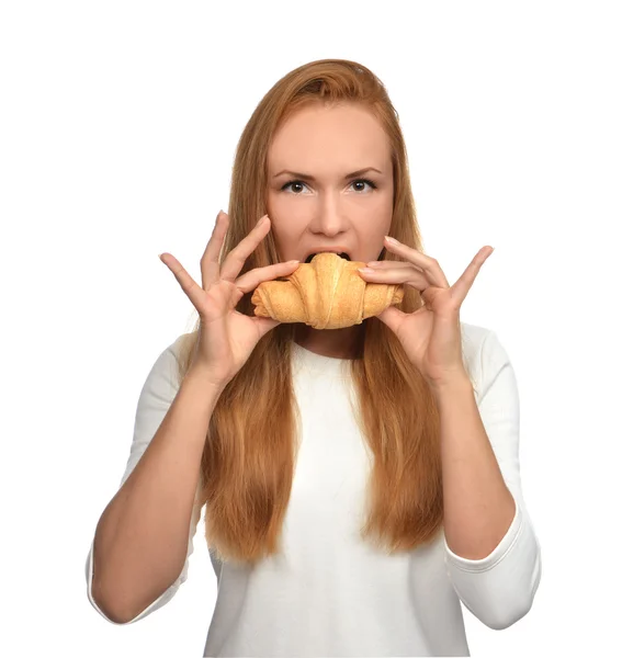 Woman enjoy sweet croissant. Unhealthy junk food dessert concept — Stock Photo, Image