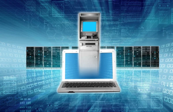 Concepto de banca en línea con cajero automático que sale de la computadora portátil —  Fotos de Stock
