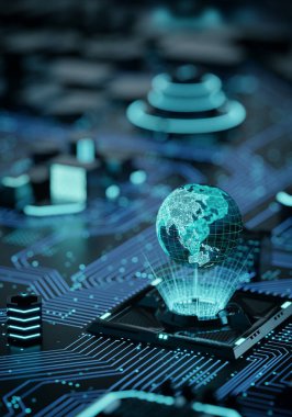 Anakart ve bağlantı resimli dünya çapındaki internetin kavramsal görüntüsü. 3 boyutlu görüntüleme. Dikey.