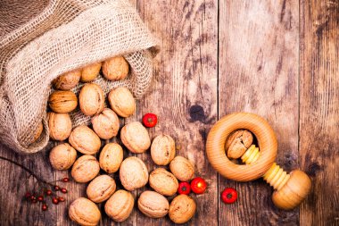 Ceviz ve renkli ağaç yaprakları ile sonbahar arka plan.