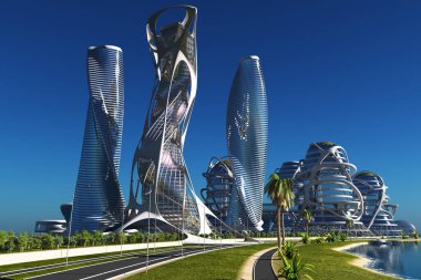 Gelecekten gelen fantastik bir şehir. 3D görüntüleme.