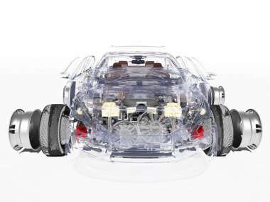 Beyaz zemin üzerinde parçalanmış araba., 3D render