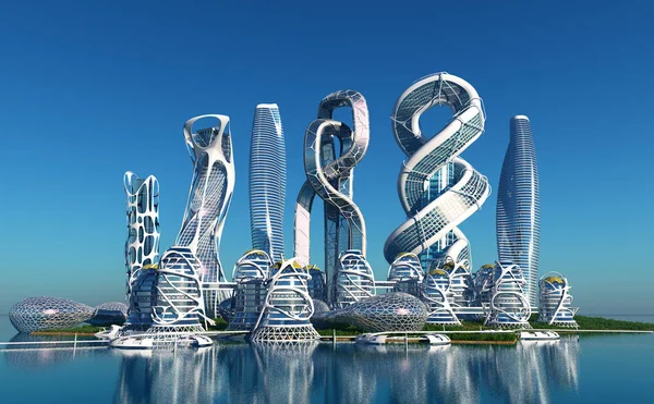 Gelecekten gelen fantastik bir şehir. 3D görüntüleme.