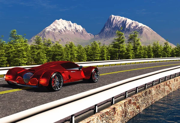 Sports Car Road Render — Stock Photo, Image