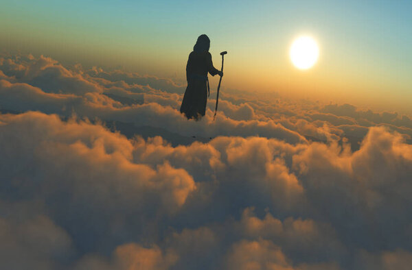 Образ Иисуса на фоне облаков., 3d рендеринг