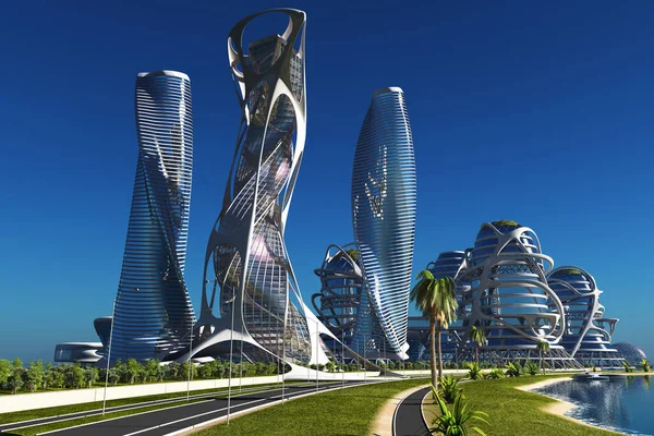 Una Città Fantastica Dal Futuro Render — Foto Stock